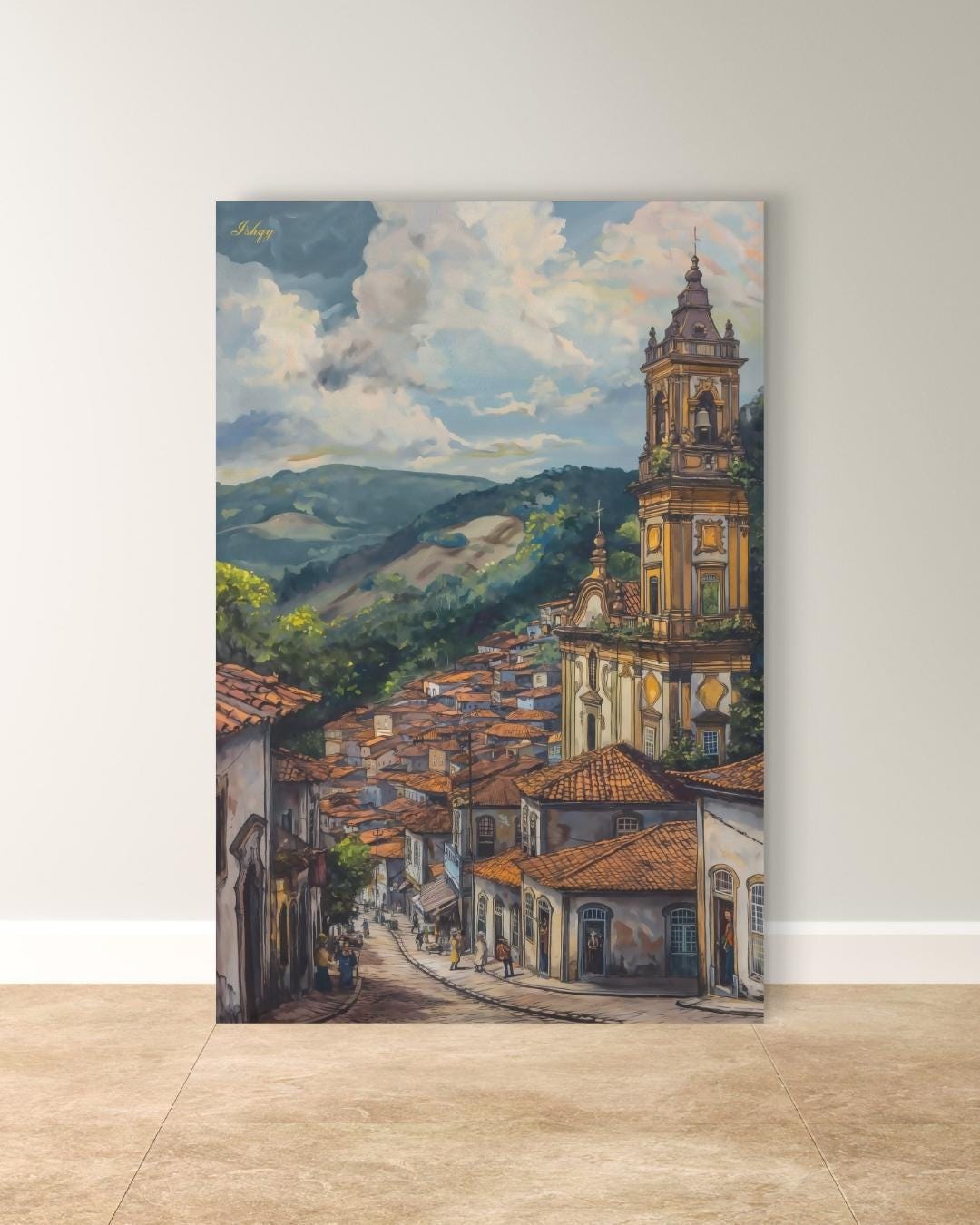 Ouro Preto Brazil Canvas Wall Art, Colonial Cityscape Framed Canvas Print, Brazilian Baroque Church Oil Painting, Travel Living Room Decor