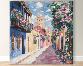 Cartagena Wall Art - Colorful Street Scene, Colombian Decor, Vibrant Cityscape Painting, South American Artwork, Travel Gift for Home