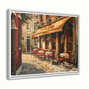 European Cafe Street Wall Art Print, Canvas, Framed Canvas, Rustic Vintage Parisian Bistro, Old Town Cobblestone Alley, Kitchen Dining Decor