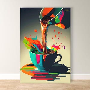 Colorful Coffee Pour Painting Print, Canvas & Framed Canvas Kitchen Wall Art, Pop Abstract Cafe Decor, Coffee Lover Gift Art Print