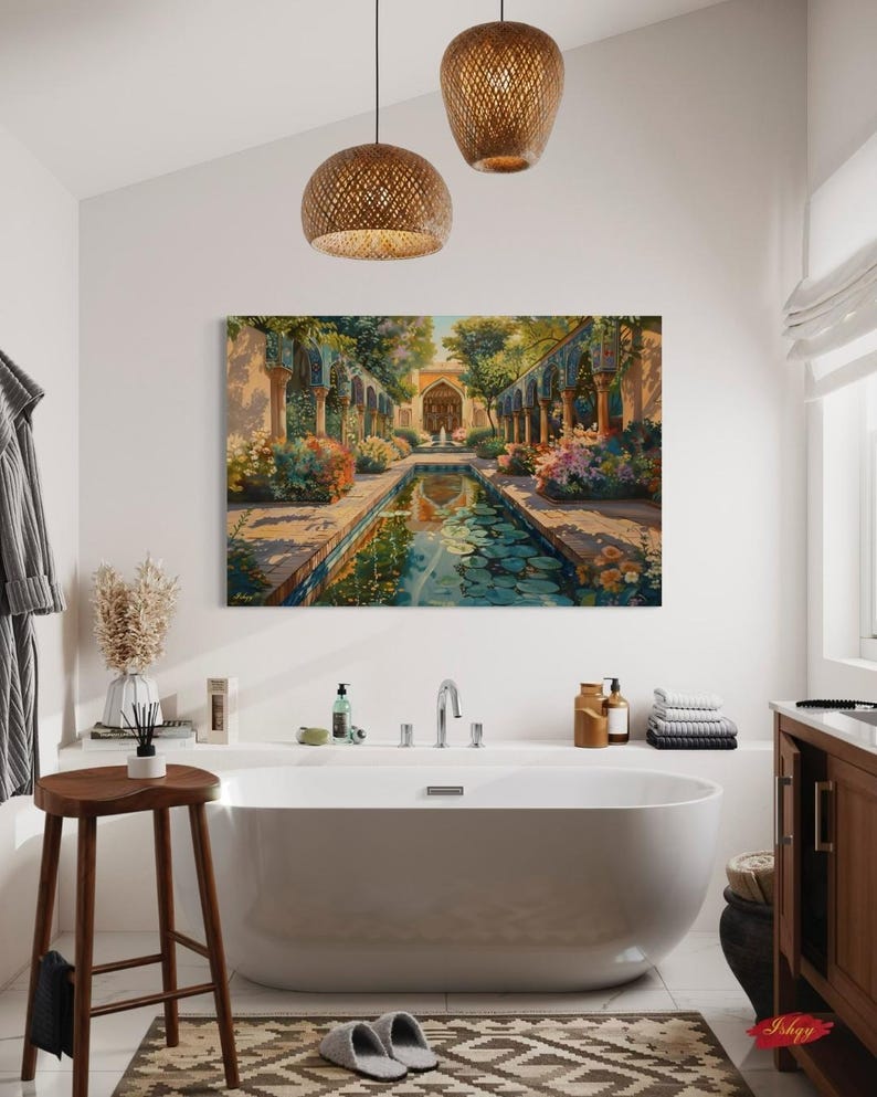 Persian Garden Canvas Wall Art, Islamic Architecture Framed Canvas Print, Blue Tile Courtyard Fountain Landscape Painting, Living Room Decor
Persian Garden Wall Art Canvas Print of Shiraz Courtyard, Islamic Architecture Art Print, Colorful Floral Home Decor Landscape