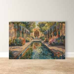 Persian Garden Canvas Wall Art, Islamic Architecture Framed Canvas Print, Blue Tile Courtyard Fountain Landscape Painting, Living Room Decor
Persian Garden Wall Art Canvas Print of Shiraz Courtyard, Islamic Architecture Art Print, Colorful Floral Home Decor Landscape