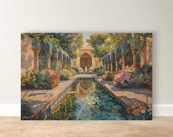 Persian Garden Canvas Wall Art, Islamic Architecture Framed Canvas Print, Blue Tile Courtyard Fountain Landscape Painting, Living Room Decor