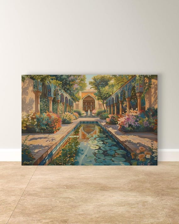 Persian Garden Canvas Wall Art, Islamic Architecture Framed Canvas Print, Blue Tile Courtyard Fountain Landscape Painting, Living Room Decor