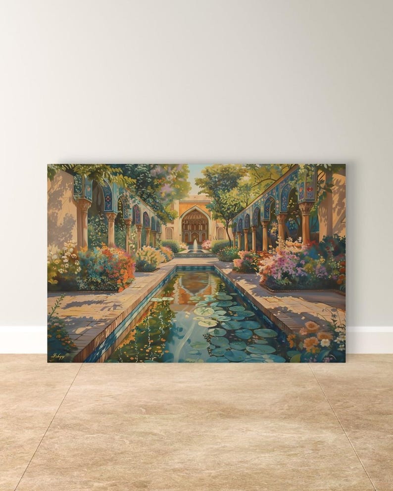 Persian Garden Canvas Wall Art, Islamic Architecture Framed Canvas Print, Blue Tile Courtyard Fountain Landscape Painting, Living Room Decor
Persian Garden Wall Art Canvas Print of Shiraz Courtyard, Islamic Architecture Art Print, Colorful Floral Home Decor Landscape
