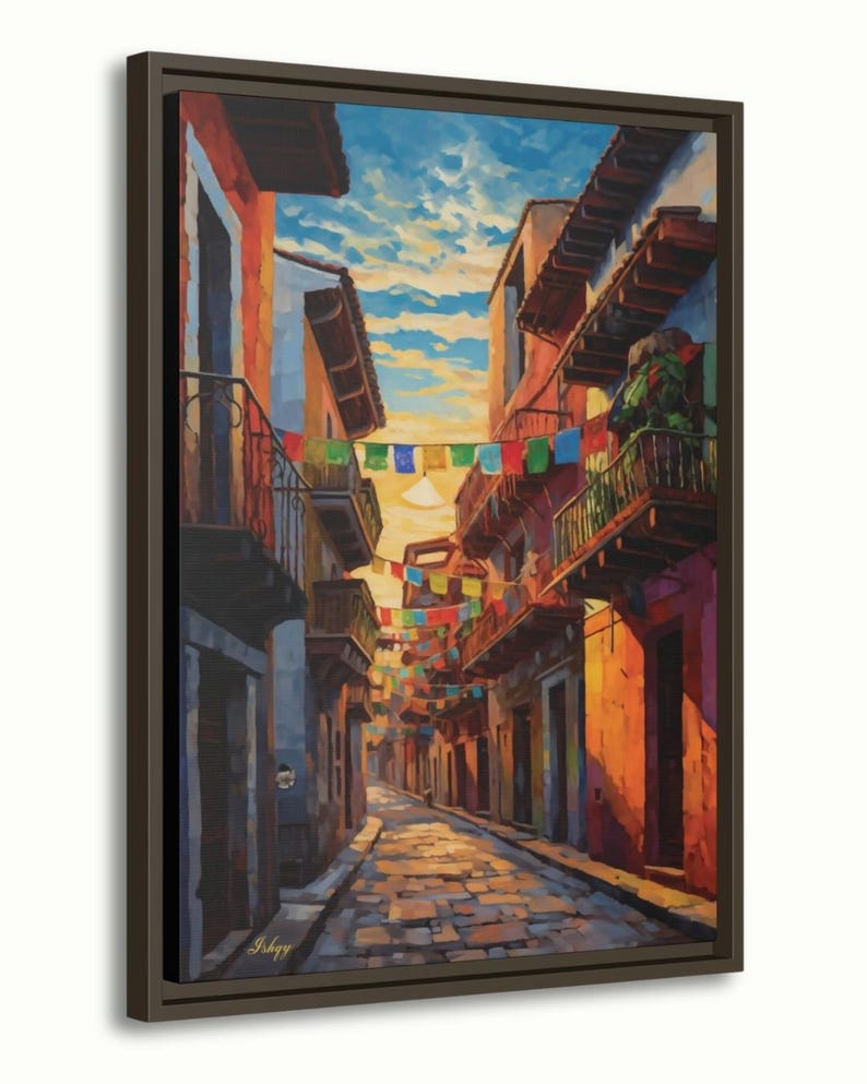Mexican Street Canvas Wall Art, Jalisco Architecture Painting Print, Colorful Framed Canvas, Mexico Wall Decor, Gift for Her, Art Print.Bring golden Mexican streets into your space with this vibrant Jalisco wall art print, glowing with colonial charm