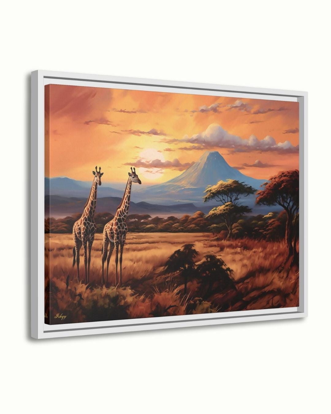 African Safari Wall Art, Kilimanjaro Giraffe Sunset Canvas Print
