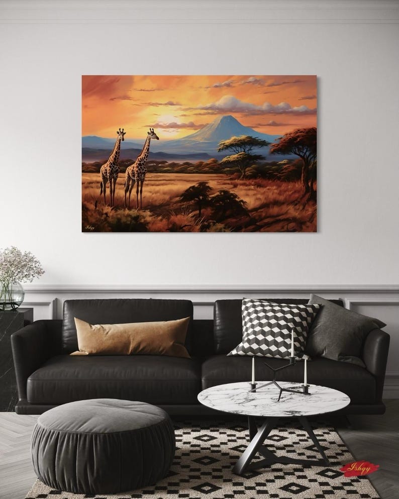 African Safari Wall Art, Kilimanjaro Giraffe Sunset Canvas Print ...