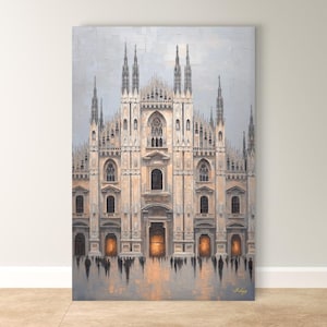 Milan Duomo Wall Art, Italy Cathedral Painting, European Cityscape Canvas, Historic Gothic Architecture Print Home Office Living Room Decor