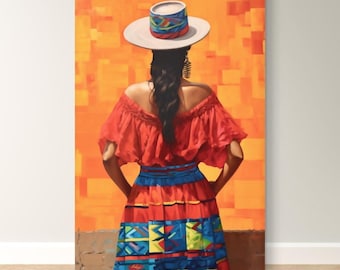 Colombian Woman Wall Art Print, Colorful Traditional Canvas, Boho Wall Decor, Framed Latin America Art, Andean Home Print Vibrant