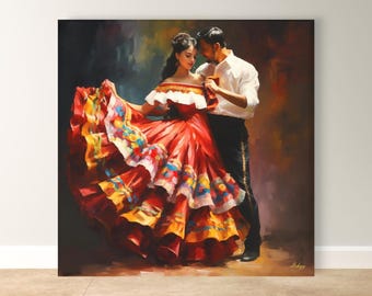 Väggkonst för mexikansk folkloristisk dans, traditionellt mexikanskt parmålning, färgglad kulturell klädsel på duk, latinamerikansk heminredning, Fiesta-väggkonst