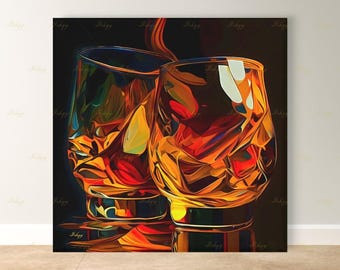 Whiskyglaskunst aan de muur, canvas bourbonbar, decor humeurig man grot, donkere thuisbar kunst, cadeau whiskyliefhebber, ingelijste canvasafdruk