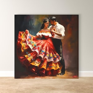 Mexican Folklórico Dancers Painting Print, Canvas & Framed Canvas Wall Art, Latin Dance Couple Home Decor, Fiesta Mexico Art Print