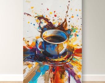 Coffee Wall Art, Abstract Coffee Cup Canvas, Colorful Espresso Painting Print, Modern Kitchen Decor, Cafe Bar Home Artwork