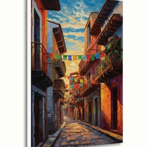 Jalisco Street Wall Art, Colorful Mexico Canvas Print, Papel Picado Decor, Mexican Street Scene, Latin Travel Art, Boho Framed Canvas Gift
Mexican Street Canvas Wall Art, Jalisco Architecture Painting Print, Colorful Framed Canvas, Mexico Wall Decor, Gift for Her, Art Print.Bring golden Mexican streets into your space with this vibrant Jalisco wall art print, glowing with colonial charm