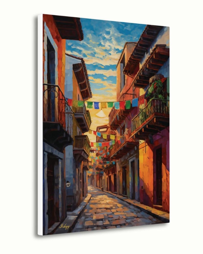 Jalisco Street Wall Art, Colorful Mexico Canvas Print, Papel Picado Decor, Mexican Street Scene, Latin Travel Art, Boho Framed Canvas Gift
Mexican Street Canvas Wall Art, Jalisco Architecture Painting Print, Colorful Framed Canvas, Mexico Wall Decor, Gift for Her, Art Print.Bring golden Mexican streets into your space with this vibrant Jalisco wall art print, glowing with colonial charm