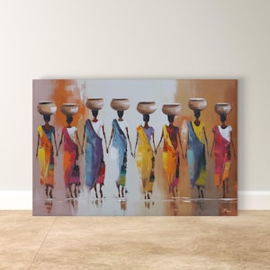 May include: An oil painting depicts seven figures in colorful robes, each carrying a basket on their head. The figures are walking in a line, holding hands, with a neutral background and a reflective surface below.