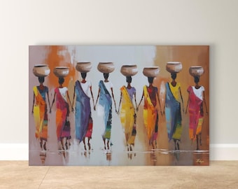 Afrikanska kvinnor som bär krukor, väggkonst, färgglad figurativ målning, kanvastavla med tribal kultur, global heminredning, etnisk konst