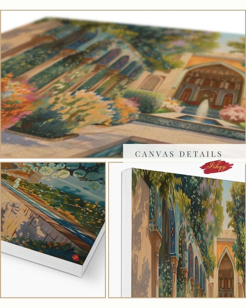 Persian Garden Canvas Wall Art, Islamic Architecture Framed Canvas Print, Blue Tile Courtyard Fountain Landscape Painting, Living Room Decor
Persian Garden Wall Art Canvas Print of Shiraz Courtyard, Islamic Architecture Art Print, Colorful Floral Home Decor Landscape