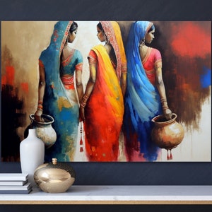 Indian Women Canvas Wall Art - Vibrant Oil Painting Print on Canvas, Desi Art Print for Modern Home Decor, Perfect Gift for Art Lovers