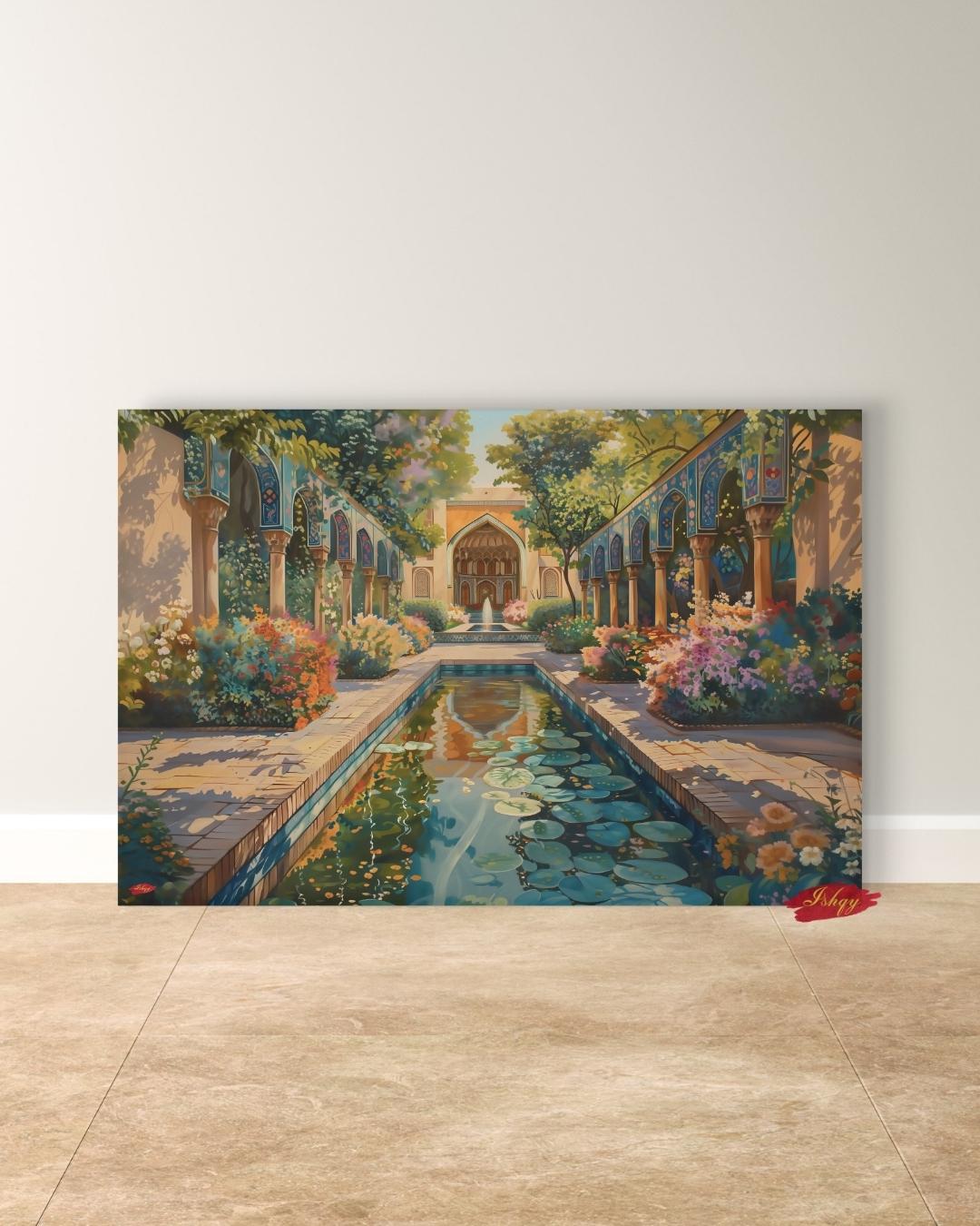 Persian Garden Wall Art Canvas Print of Shiraz Courtyard, Islamic Architecture Art Print, Colorful Floral Home Decor Landscape