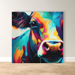 Colorful Cow Wall Art – Vibrant Animal Portrait Painting Print for Farmhouse Kitchen Decor, Rustic Country Home or Dairy Farm Inspired Gift