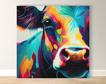 Colorful Cow Wall Art – Vibrant Animal Portrait Painting Print for Farmhouse Kitchen Decor, Rustic Country Home or Dairy Farm Inspired Gift