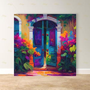 Mexican Door Canvas Wall Art, Colorful Arched Doorway Framed Canvas Print, Bougainvillea Boho Garden Oil Painting, Living Room Bedroom Decor