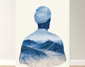Tuaregman väggkonst canvastavla, blå öken bergslandskap dubbelexponeringsporträtt, Sahara nomad turbandekor, modern present till honom XL