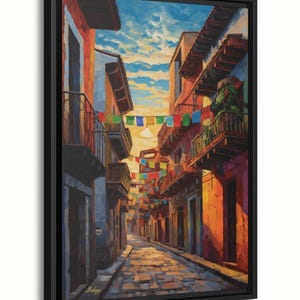Mexican Street Canvas Wall Art, Jalisco Architecture Painting Print, Colorful Framed Canvas, Mexico Wall Decor, Gift for Her, Art Print.Bring golden Mexican streets into your space with this vibrant Jalisco wall art print, glowing with colonial charm