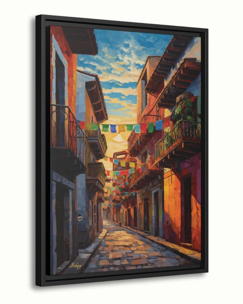 Mexican Street Canvas Wall Art, Jalisco Architecture Painting Print, Colorful Framed Canvas, Mexico Wall Decor, Gift for Her, Art Print.Bring golden Mexican streets into your space with this vibrant Jalisco wall art print, glowing with colonial charm