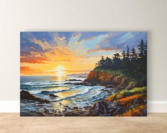 Oregon Coast Sunset Painting Print, Pacific Ocean Seascape Wall Art, Coastal Landscape Canvas for Living Room, Bedroom, or Beach Home Decor