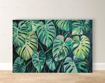 Monstera Leaf Wall Art, Tropical Botanical Canvas Print, Green Plant Decor, Modern Jungle Painting, Boho Living Room Bedroom Home Wall Decor