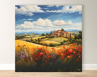 Arte de parede da Toscana, impressão em tela de um campo de papoulas italianas, paisagem de colinas onduladas da Toscana, decoração de viagem para casa de campo na Itália, presente em tela emoldurada