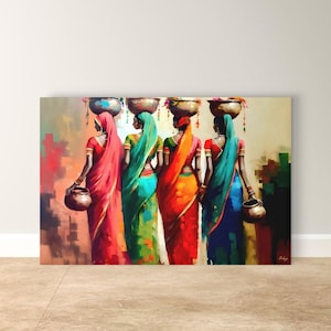 Indian Village Women Wall Art, Rajasthani Sari Water Pot Painting, Colorful Folk Canvas Print, Boho Home Decor, Wall Art, Housewarming Gifts