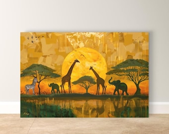 Oversized African Safari Canvas Wall Art, Savanna Sunset Framed Canvas Print, Extra Large Textured Wildlife Landscape, Above Bed Lodge Decor