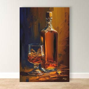 Whiskey Bottle Painting Print on Canvas & Framed Canvas, Bar Wall Art, Bourbon Scotch Liquor Home Bar Decor, Whiskey on the Rocks Art Print