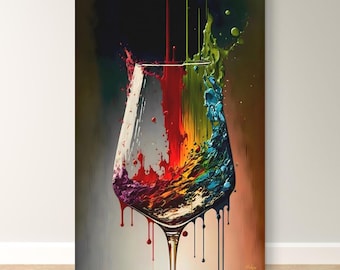 Colorful Wine Glass Painting Print, Canvas Art Prints, Wine Lover Gift, Abstract Wine Wall Decor & Gifts, Large Kitchen Wall Art, Bar Decor