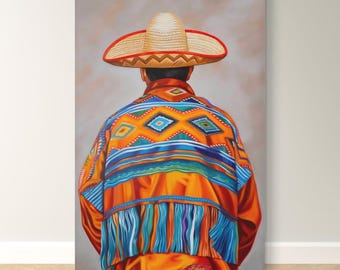 Mexikansk man Sombrero Serape Canvastavla, Färgglad mexikansk folkkonst Inramad Canvastavla, Vaquero Charro-målning, Latino Vardagsrumsinredning