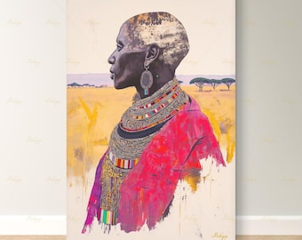 Cuadro mural extragrande de estilo masái, retrato de mujer africana en lienzo enmarcado, arte afrocéntrico extragrande con cuentas de la sabana, decoración para apartamentos.