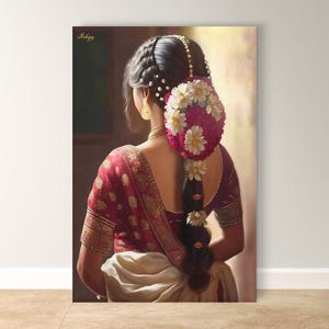 South Indian Bride Art Print, Indian Woman Canvas Wall Art, Bridal Saree Painting Print, Tamil Cultural Decor, Framed Poster, Wedding Gift