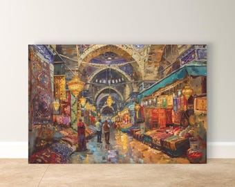 Grand Bazaar Istanbul Wall Art Print, Turkish Market Canvas, Colorful Bazaar Home Decor, Oriental Framed Wall Art, Souk Painting Print