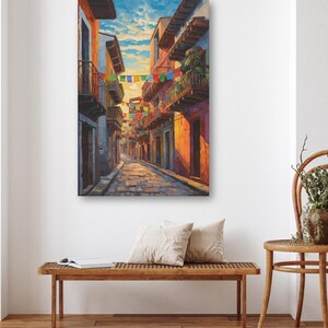 Mexican Street Canvas Wall Art, Jalisco Architecture Painting Print, Colorful Framed Canvas, Mexico Wall Decor, Gift for Her, Art Print.Bring golden Mexican streets into your space with this vibrant Jalisco wall art print, glowing with colonial charm