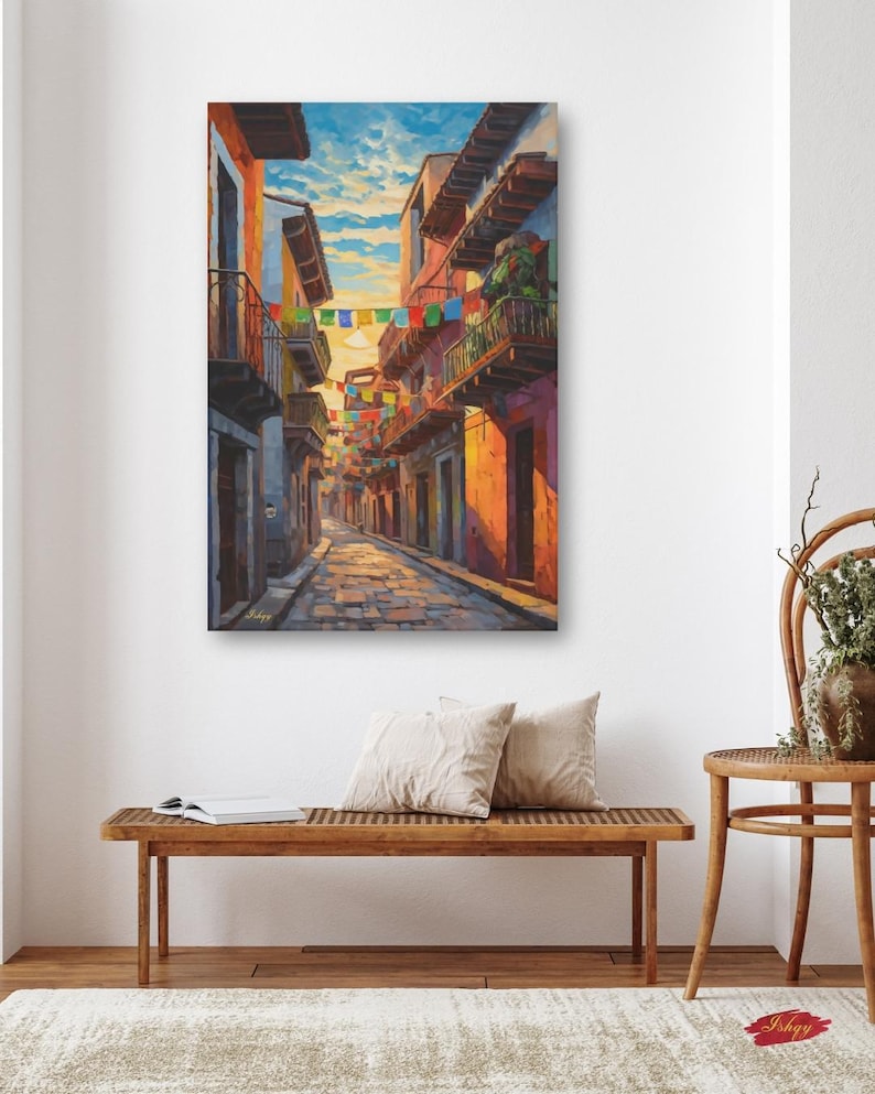 Mexican Street Canvas Wall Art, Jalisco Architecture Painting Print, Colorful Framed Canvas, Mexico Wall Decor, Gift for Her, Art Print.Bring golden Mexican streets into your space with this vibrant Jalisco wall art print, glowing with colonial charm