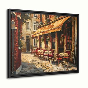 European Cafe Street Wall Art Print, Canvas, Framed Canvas, Rustic Vintage Parisian Bistro, Old Town Cobblestone Alley, Kitchen Dining Decor