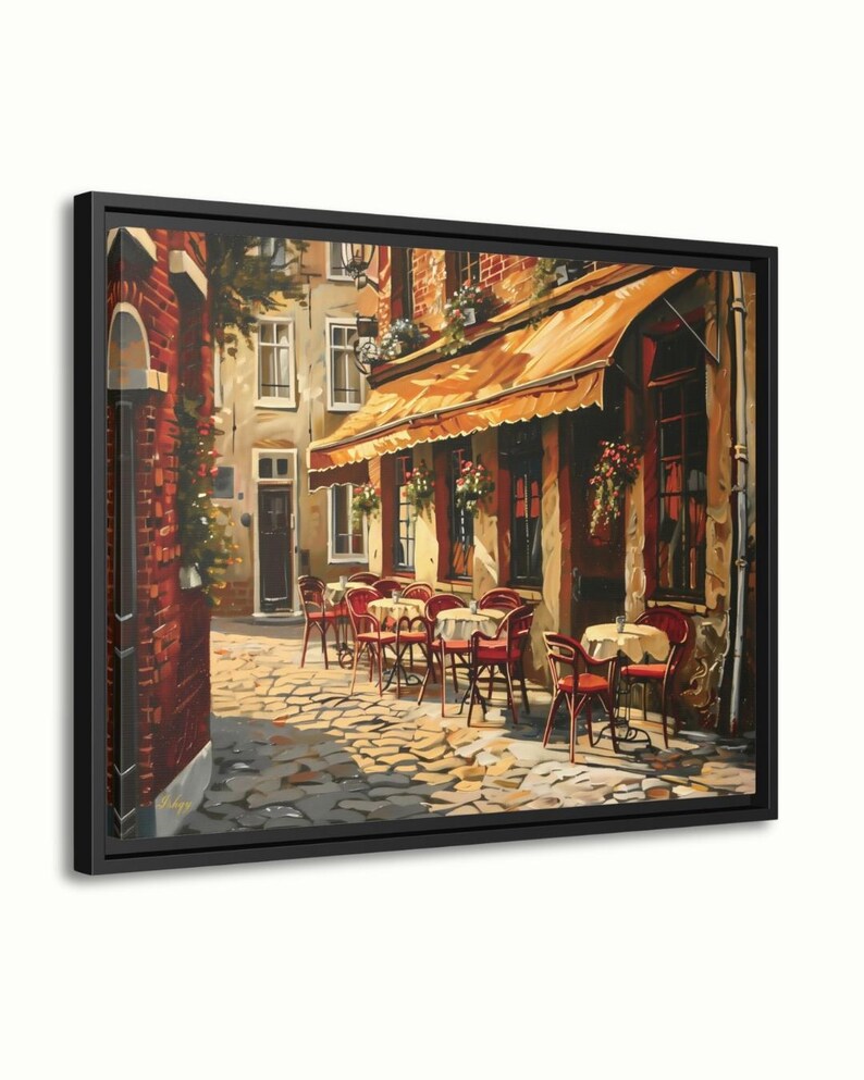 European Cafe Street Wall Art Print, Canvas, Framed Canvas, Rustic Vintage Parisian Bistro, Old Town Cobblestone Alley, Kitchen Dining Decor