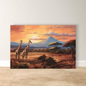Giraffe Wall Art Safari Sunset Canvas Print, African Wildlife Wall Decor, Animal Landscape Art, Framed Canvas, Home Decor Gift Idea