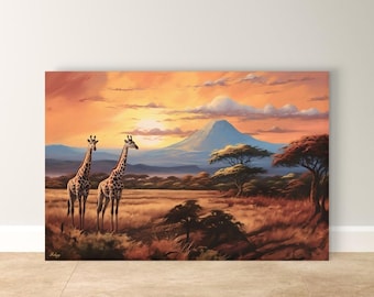 African Safari Wall Art, Kilimanjaro Giraffe Sunset Canvas Print, Tanzania Wildlife Landscape Painting, Serengeti Decor, Nature Gift