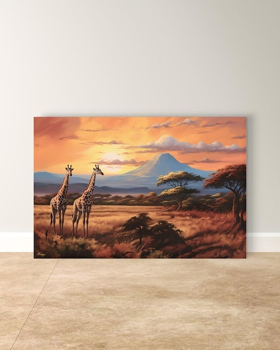 African Safari Wall Art, Kilimanjaro Giraffe Sunset Canvas Print