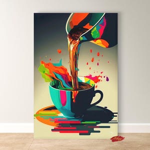 Arte de pared de café sobre lienzo, decoración del hogar para la cocina y la oficina, impresión de arte pop, regalo para amantes del café, lienzo minimalista grande, póster de taza de café